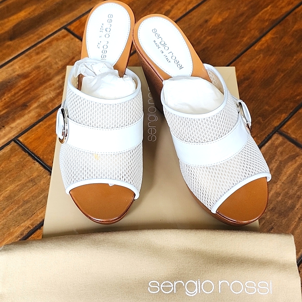 New Authentic Sergio Rossi Tessuto Mesh Platform Wooden Heels Sandals Slides 36